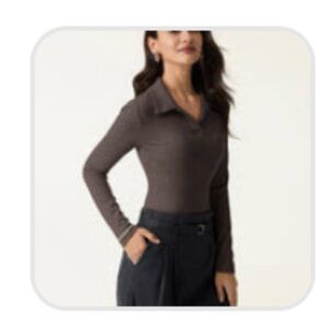 Heathered Wool Blend Polo Neck Long Sleeve Top in Dark Brunette Medium